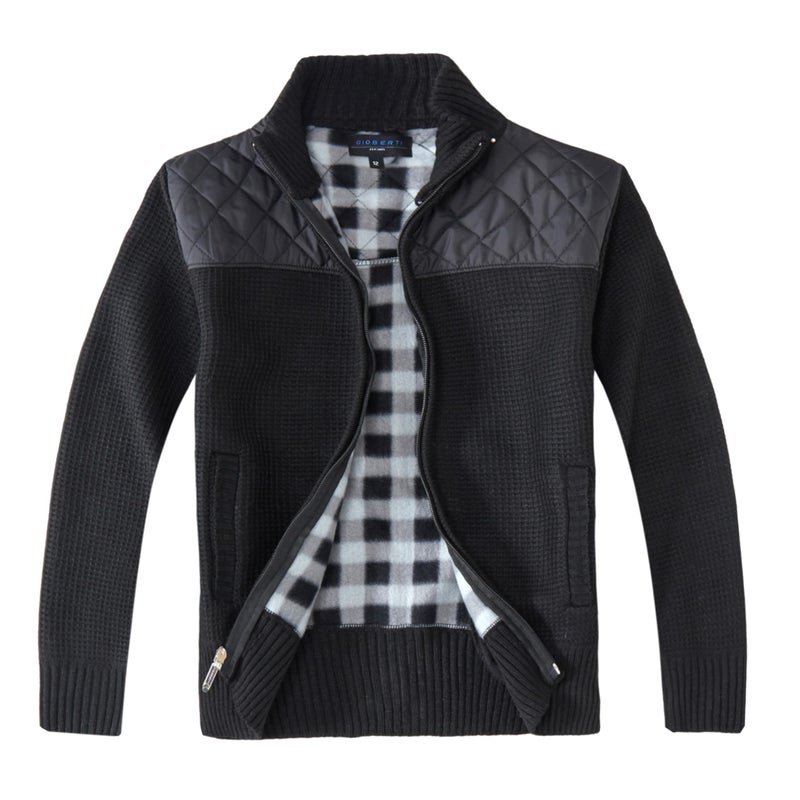 Gioberti Boy's Knitted Full Zip Cardigan Sweater with Soft Brushed Flannel Lining, Black, Size 12 - Image 1